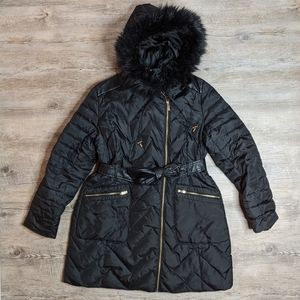 Via Spiga down parka faux fur hooded belted coat size large